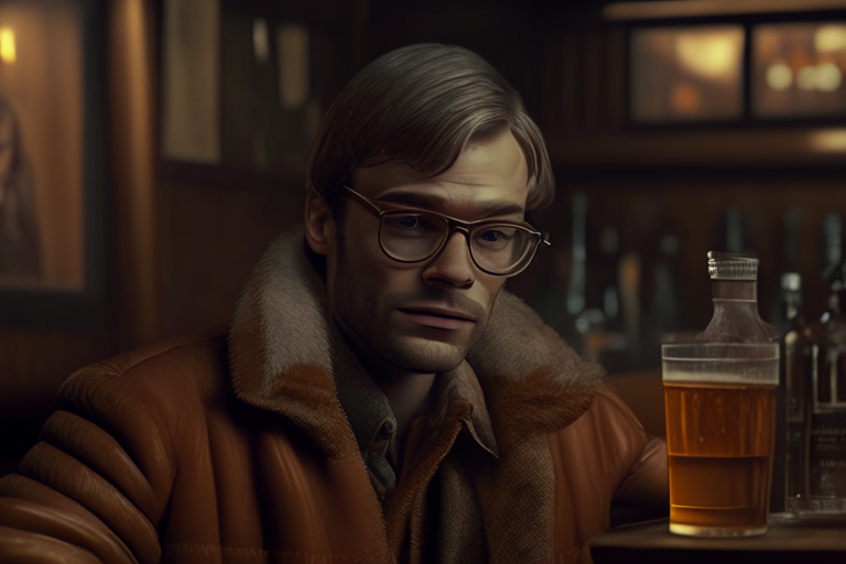 Jeffrey Dahmer in a bar with a person wearing old fashioned coat with a glass of whisky, Ultra realistic UHD