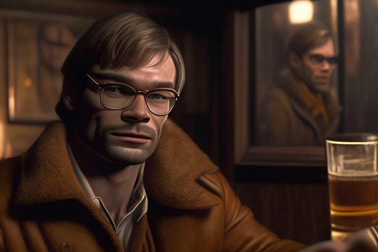 Jeffrey Dahmer with a person in bar wearing old fashioned coat with a glass of whisky, Ultra realistic UHD
