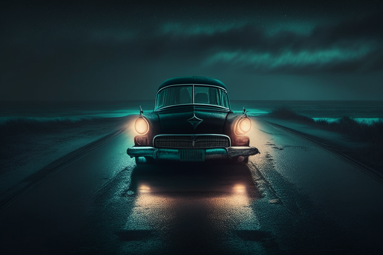 A vintage car in lonely dark sea facing road with streetlights, creepy environment, hyper realistic UHD