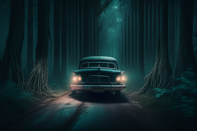 A vintage car in lonely dark forest facing road with streetlights, creepy environment, hyper realistic UHD