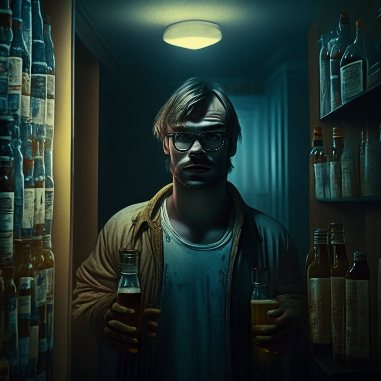 jeffrey dahmer inside a creepy apartment holding beer bottles, dim light, a person standing nearby, ultra realistic UHD
