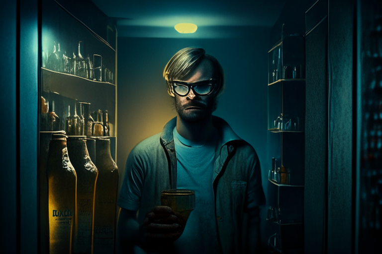 jeffrey dahmer inside a creepy apartment holding beer bottles, dim light, a person standing nearby, ultra realistic UHD