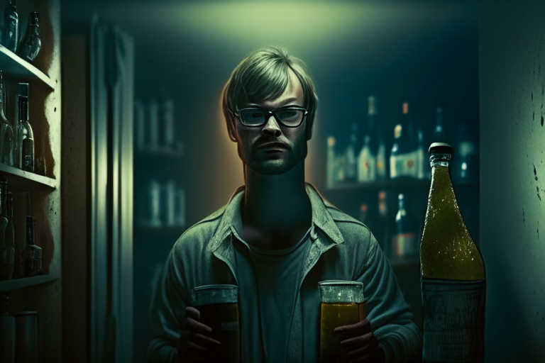 jeffrey dahmer inside a creepy apartment holding beer bottles, dim light, a person standing nearby, ultra realistic UHD