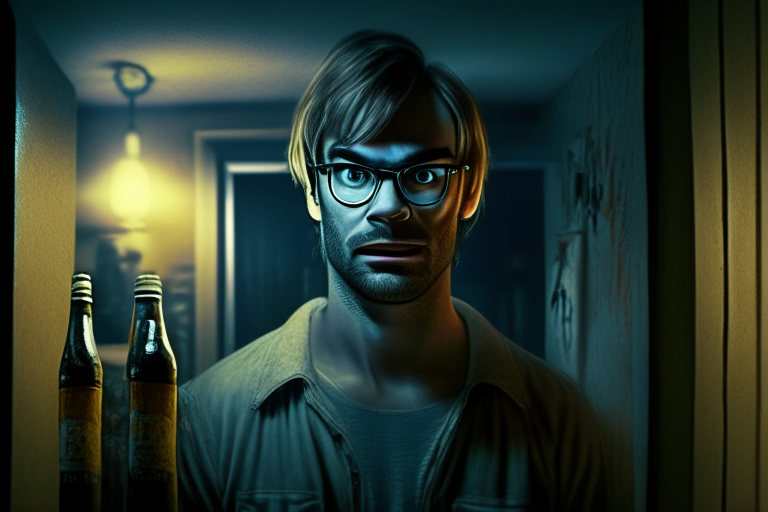 jeffrey dahmer with creepy face inside a creepy apartment holding beer bottles, dim light, a person standing nearby, ultra realistic UHD