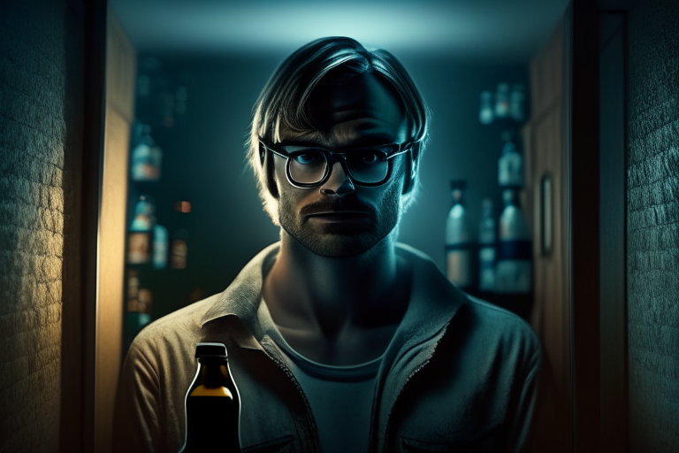 mysterious face jeffrey dahmer inside a creepy apartment holding beer bottles, dim light, a person standing nearby, ultra realistic UHD