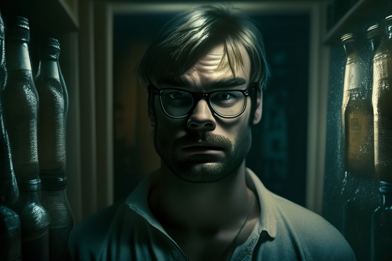 jeffrey dahmer in serious face inside a creepy apartment holding beer bottles, dim light, a person standing nearby, ultra realistic UHD