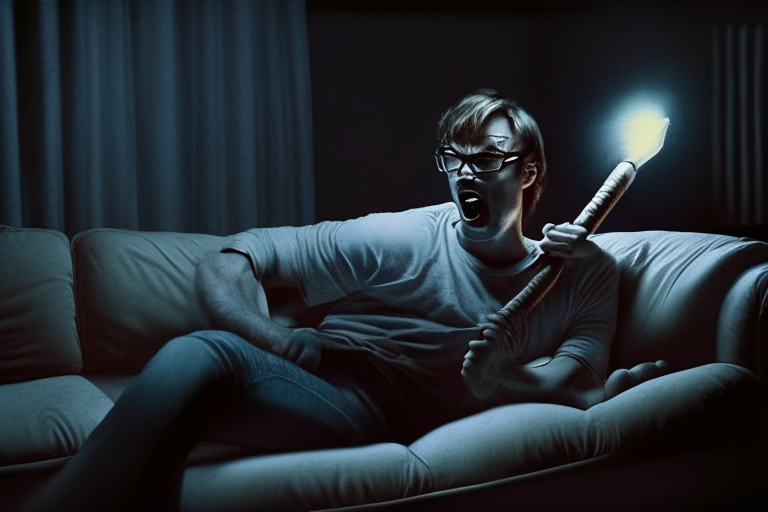 Jeffrey Dahmer hitting a person with baseball bat in a couch inside dark apartment, ultra realistic UHD