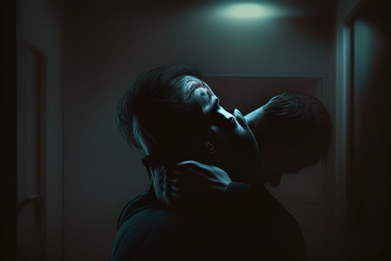 in a dark apartment, a person killing a person my holding his neck, ultra realistic UHD