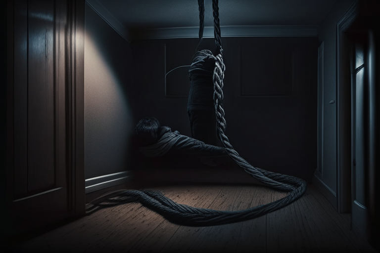in a dark apartment, a person killing a person my fastening a rope, ultra realistic UHD