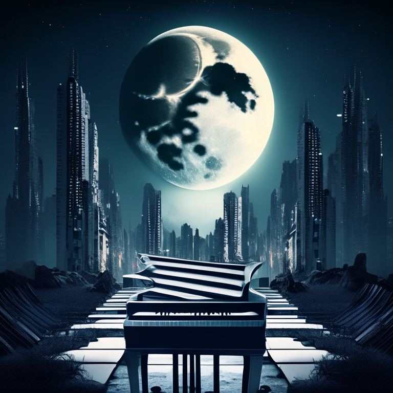 Piano keys in the foreground of a surreal urban landscape with a moon in the background. Cinematic, electro folky Argentinian style.