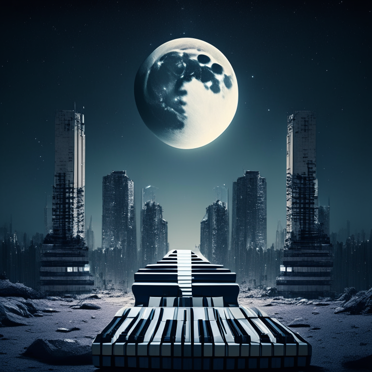 Piano keys in the foreground of a surreal urban landscape with a moon in the background. Cinematic, electro folky Argentinian style.