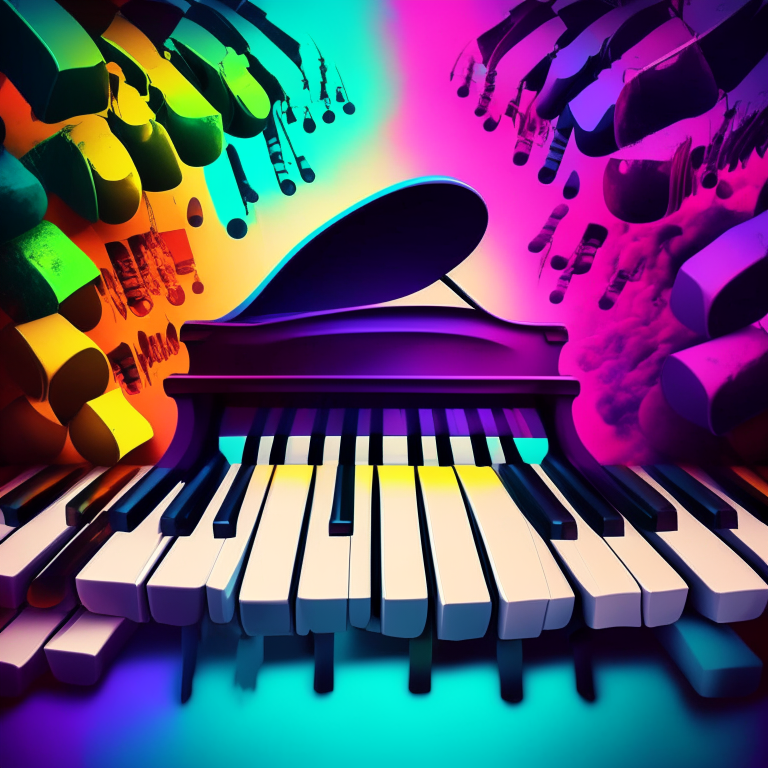 Surreal piano keys against a colorful background