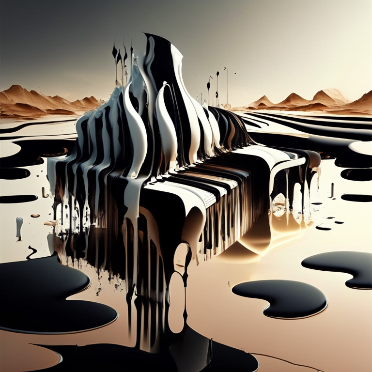 Piano keys melting in an abstract landscape