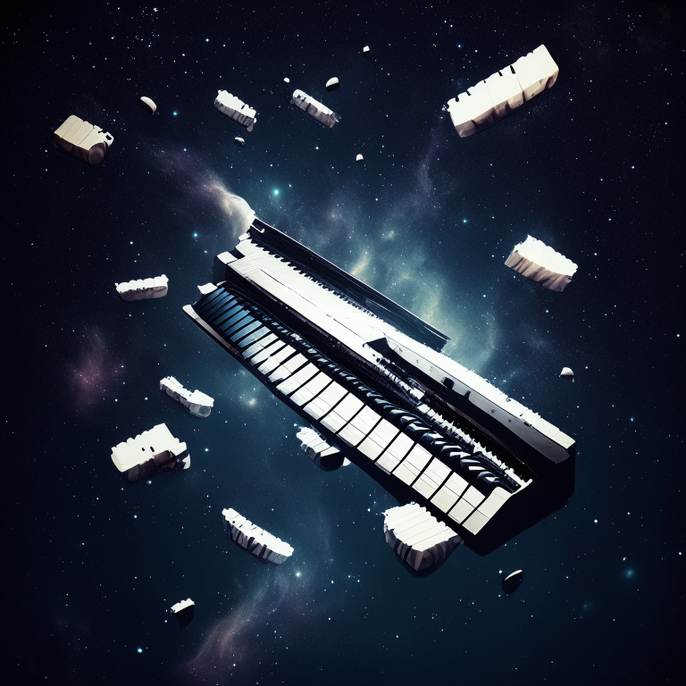Piano keys floating in outer space