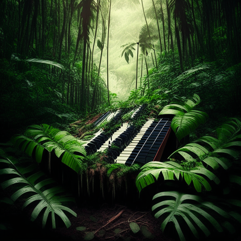 Piano keys growing out of the ground in a jungle