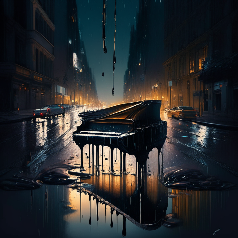 A piano melting and dripping over a street in a big city at night