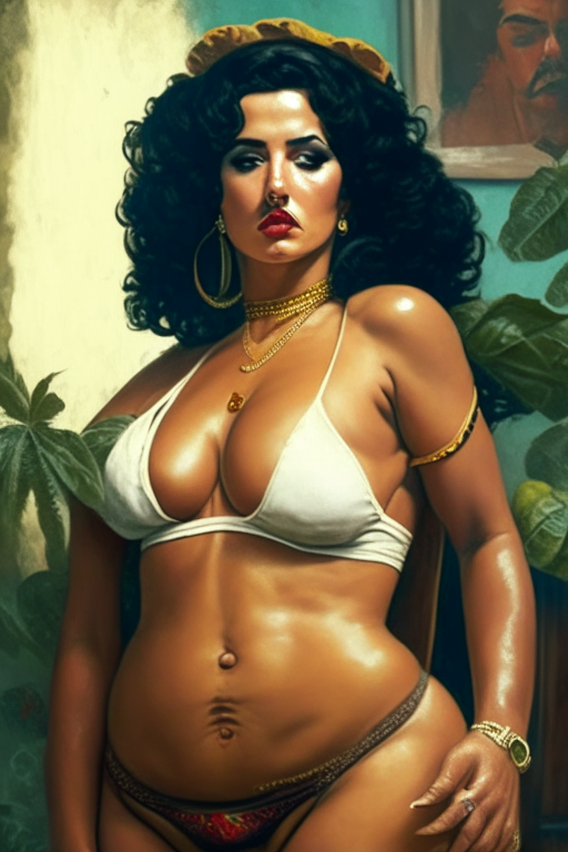 Voluptuous Colombian Mami in skimpy outfit with a huge dreary smoking ganja with Pablo Escobar. 