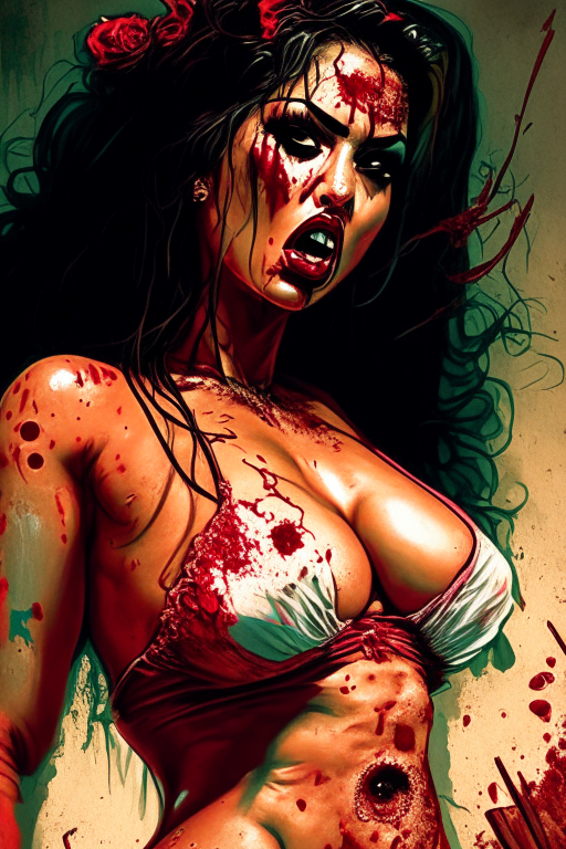 Voluptuous Mexican mafia Mami in a gory shoot out aftermath wearing skimpy outfit in Alexander Lozano artwork 