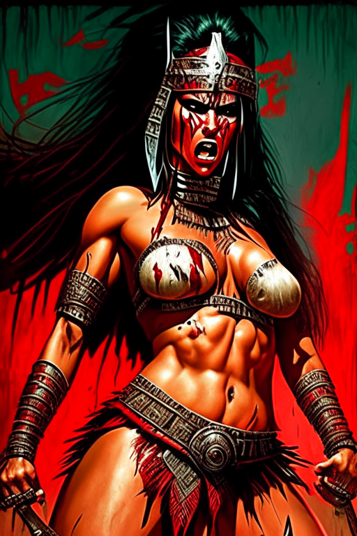 Voluptuous aztec female warrior in a gory shoot out aftermath wearing skimpy outfit in Alexander Lozano artwork 