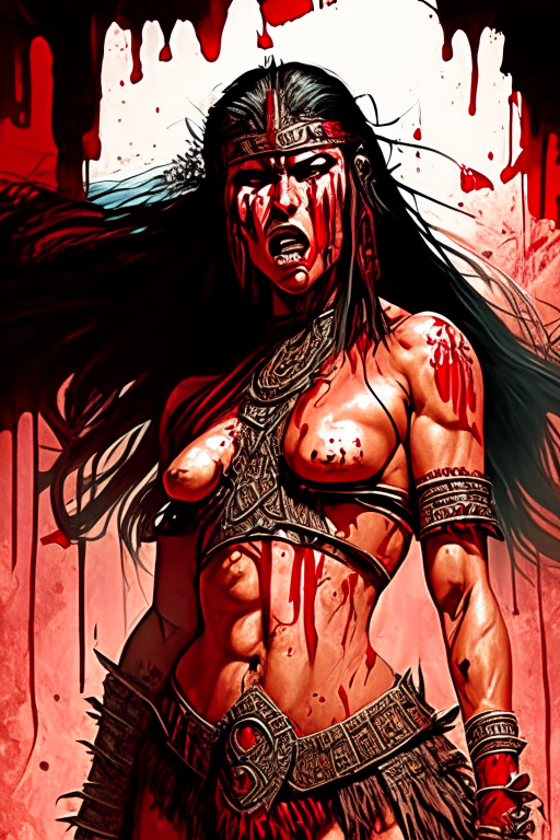 Voluptuous aztec female warrior in a gory blood bath aftermath wearing skimpy outfit in Alexander Lozano artwork 