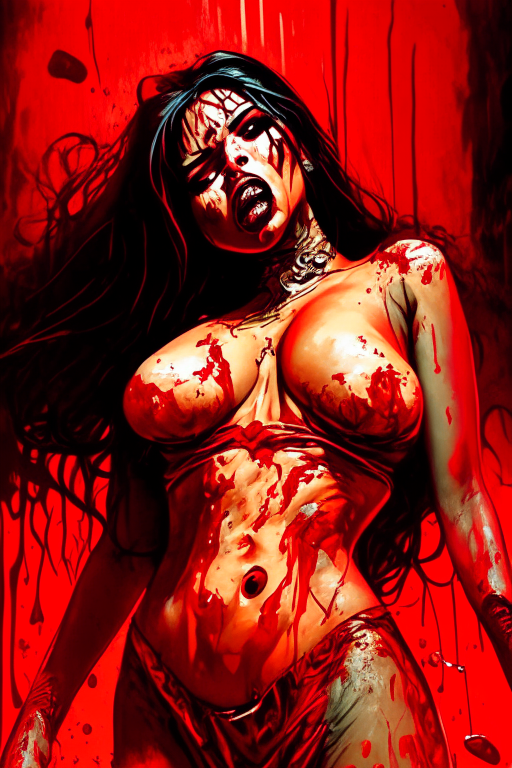Voluptuous BBL Colombian Mami in a gory blood bath aftermath wearing skimpy outfit in Alexander Lozano artwork 