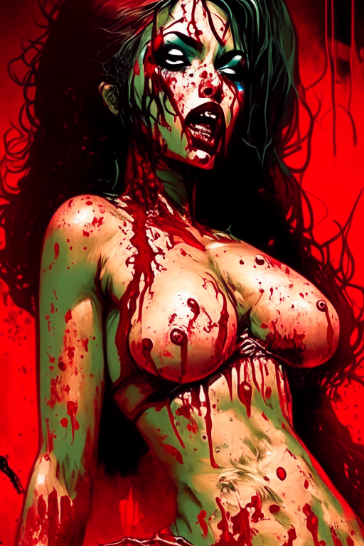 Voluptuous Colombian zombie Mami in a gory blood bath aftermath wearing skimpy outfit in Alexander Lozano artwork 