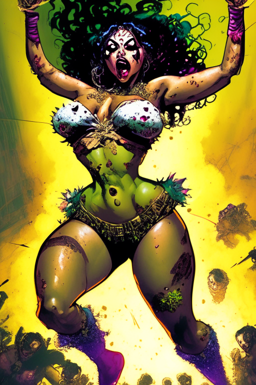 Voluptuous Colombian zombie Mami doing a star jump wearing skimpy outfit in Alexander Lozano artwork 