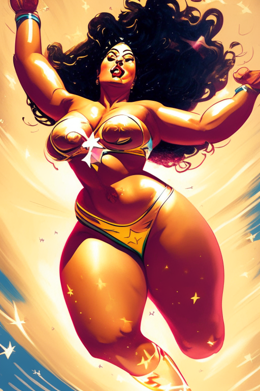Voluptuous Colombian Mami doing a star jump wearing skimpy outfit in Alexander Lozano artwork 