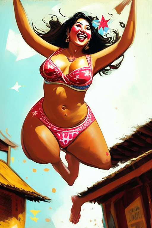 Voluptuous Malay minah kampung doing a star jump wearing skimpy outfit in Alexander Lozano artwork 