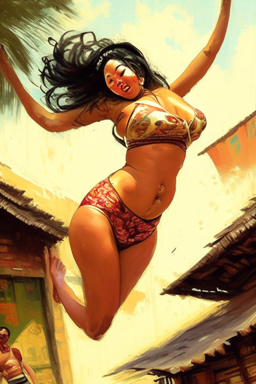 Voluptuous Malay minah kampung doing a backflip wearing skimpy outfit in Alexander Lozano artwork 