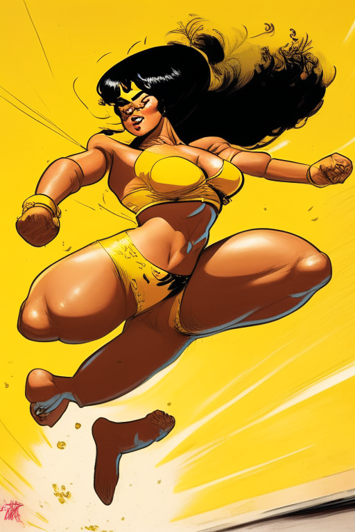 Voluptuous Malay doing a Bruce Lee flying kick wearing skimpy outfit in Alexander Lozano artwork 