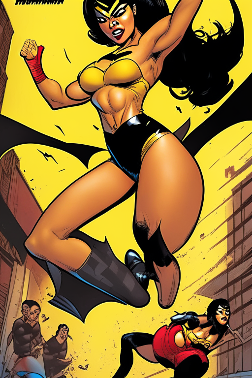 Generate a volume 1 comic cover for a Voluptuous Malay girl doing a Bruce Lee flying kick wearing skimpy outfit kicking batman in Alexander Lozano artwork 