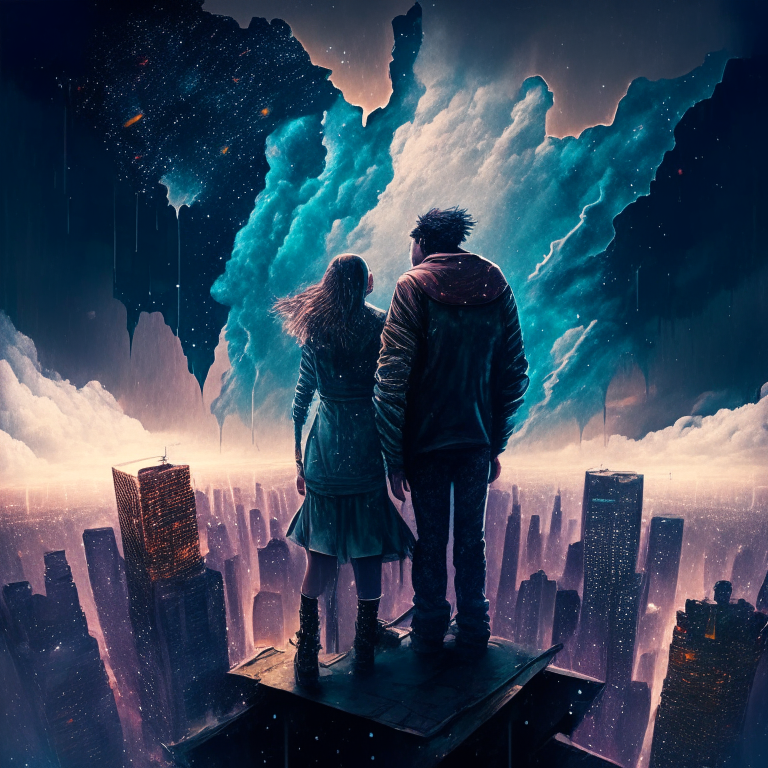 man and woman with strange clothes on top of a roof, watching multiple skyscrapers that are being devoured by two galaxies that are devouring each other, while it rains heavily