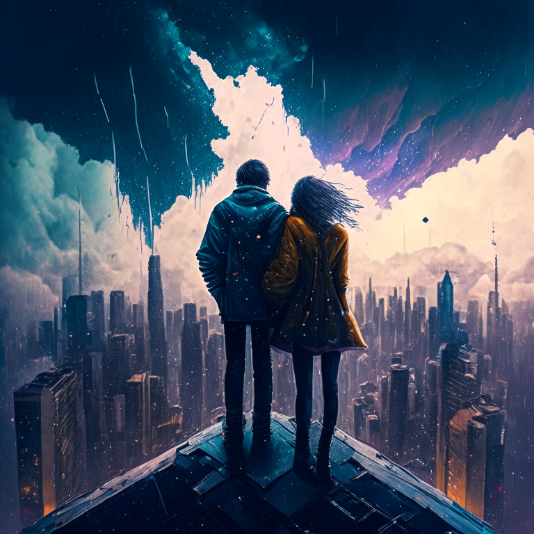 man and woman with strange clothes on top of a roof, watching multiple skyscrapers that are being devoured by two galaxies that are devouring each other, while it rains heavily