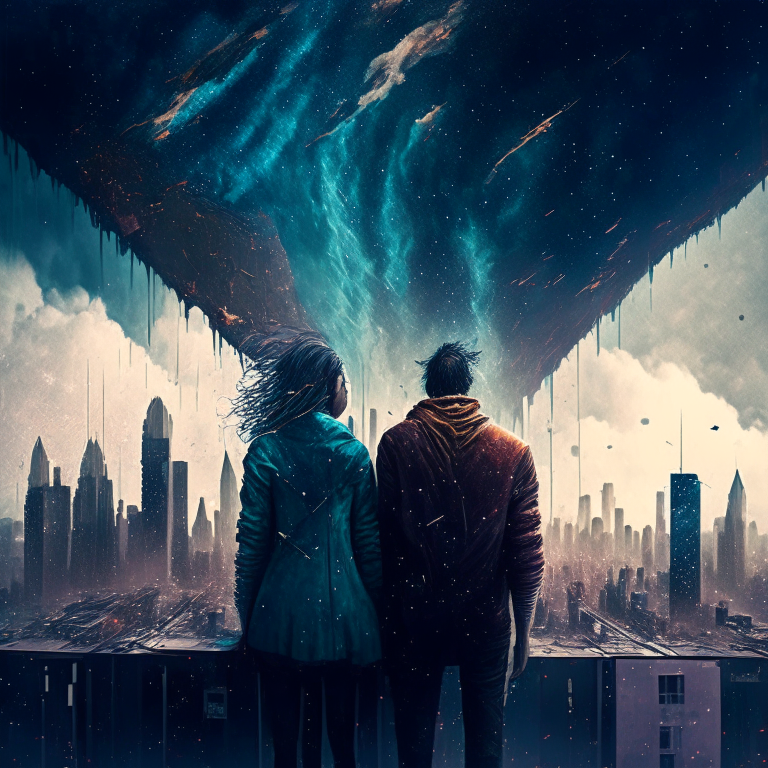 man and woman with strange clothes on top of a roof, watching multiple skyscrapers that are being devoured by two galaxies that are devouring each other, while it rains heavily
