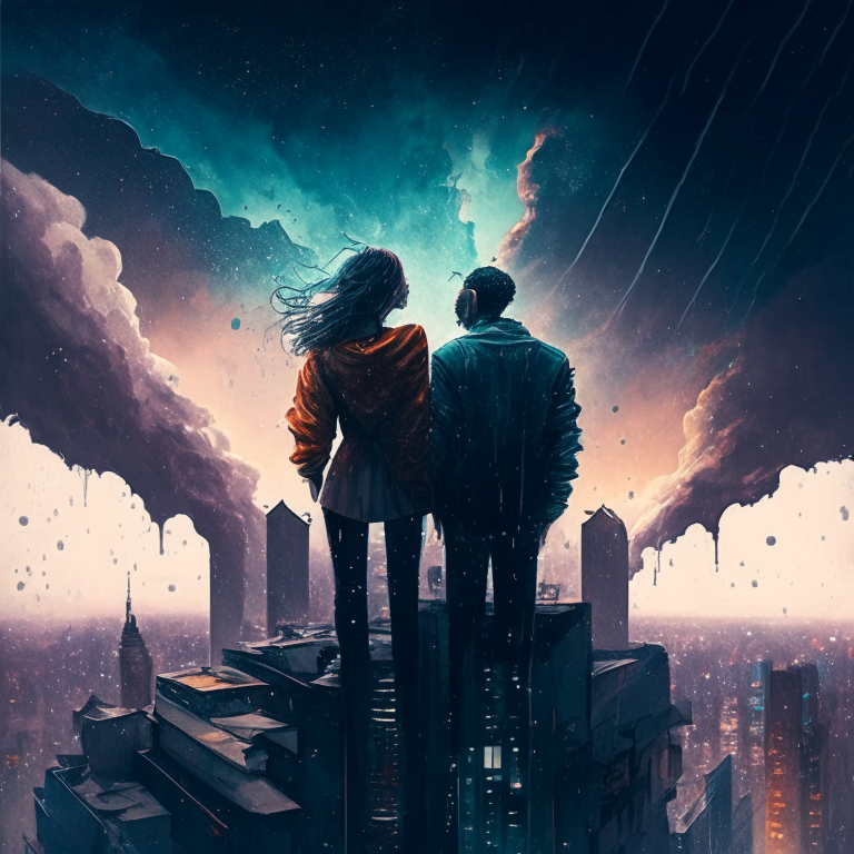 man and woman with strange clothes on top of a roof, watching multiple skyscrapers that are being devoured by two galaxies that are devouring each other, while it rains heavily