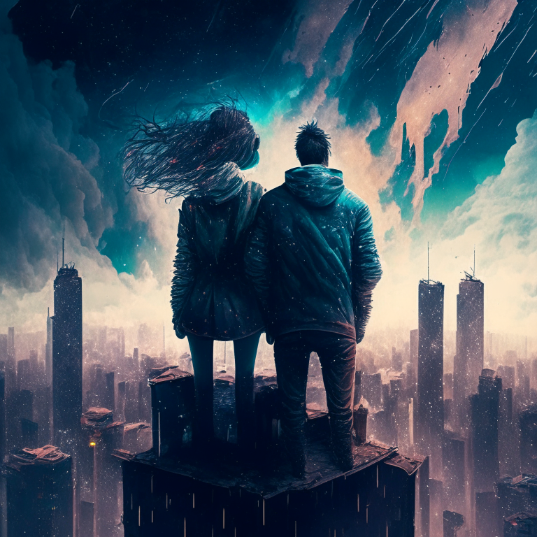 man and woman with strange clothes on top of a roof, watching multiple skyscrapers that are being devoured by two galaxies that are devouring each other, while it rains heavily