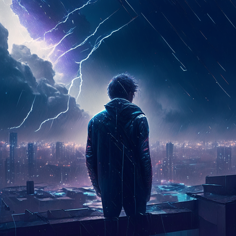 a man observes from a futuristic rooftop, how two galaxies in the sky are breaking him into a thousand pieces, while it rains heavily and with lightning