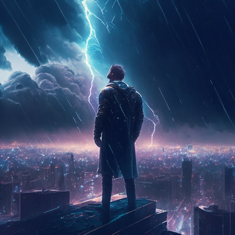 a man observes from a futuristic rooftop, how two galaxies in the sky are breaking him into a thousand pieces, while it rains heavily and with lightning