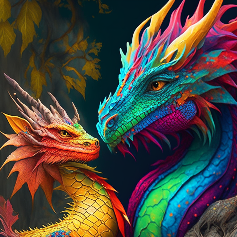A colourful grown dragon and a young colourful dragon