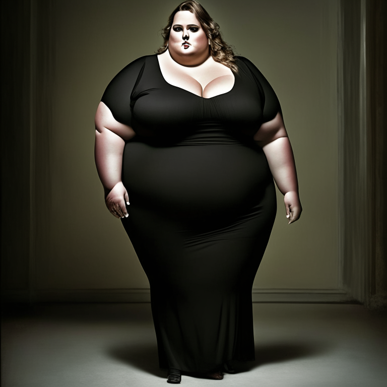 an overweight woman wearing a tight black cocktail dress