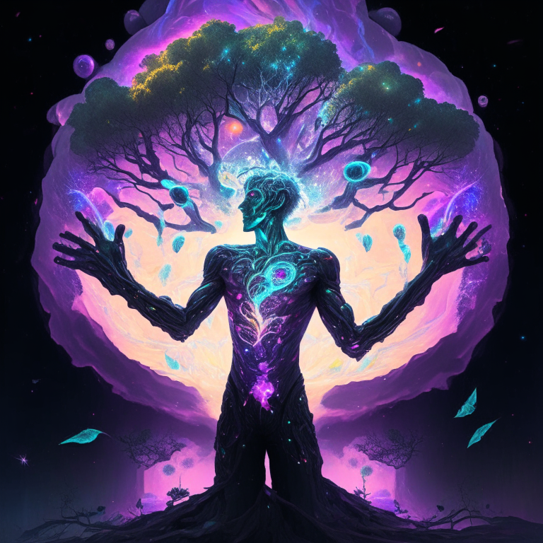 A man with a black hole in his chest, from which crystal tentacles come out, in his hands he has holographic gloves, looking from afar at a gigantic tree that bears neon fruits and clouds of mercury.