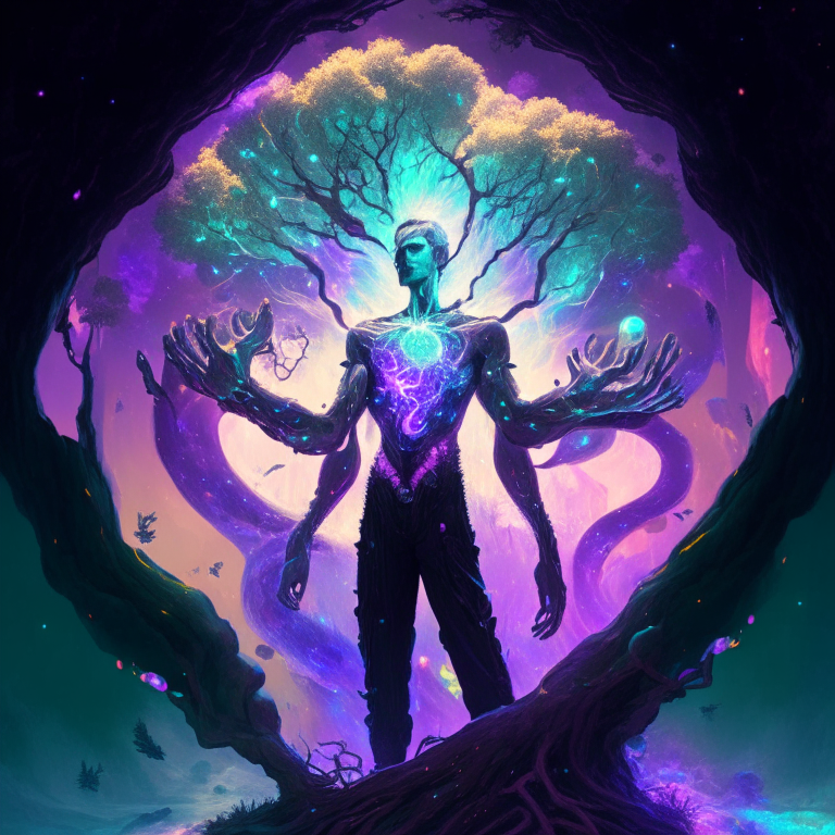 A man with a black hole in his chest, from which crystal tentacles come out, in his hands he has holographic gloves, looking from afar at a gigantic tree that bears neon fruits and clouds of mercury.