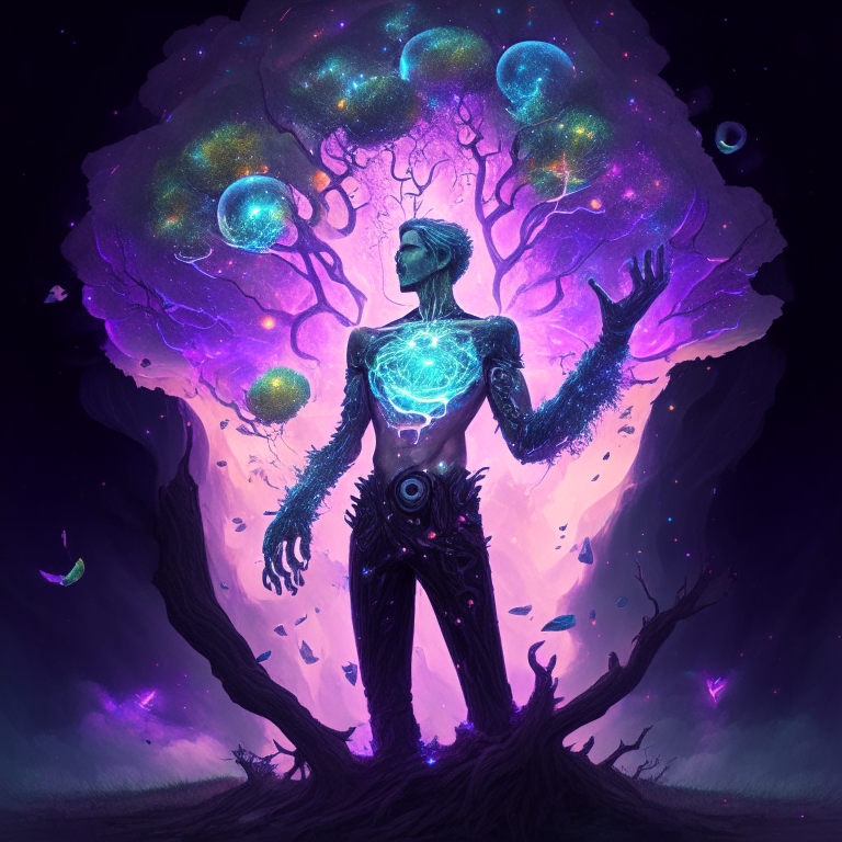 A man with a black hole in his chest, from which crystal tentacles come out, in his hands he has holographic gloves, looking from afar at a gigantic tree that bears neon fruits and clouds of mercury.