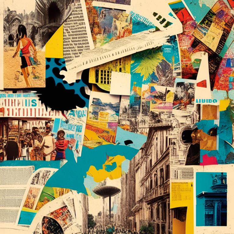 collage of magazine clippings showing Buenos Aires, colorful, detailed, chaotic