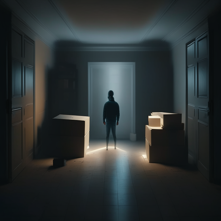 two person standing inside an apartment with dim light and few boxes scattered on the floor, realistic 4K