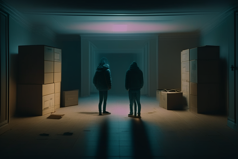 two person standing inside an apartment with dim light and few boxes scattered on the floor, realistic 4K