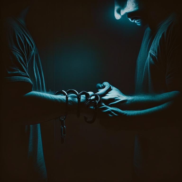 A person putting handcuff on another person's arm in a dark room 