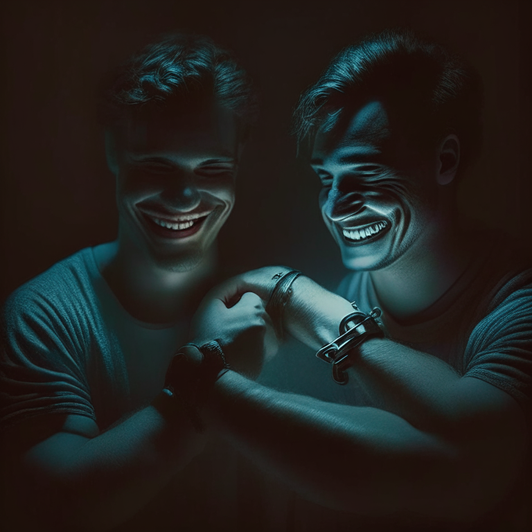 A person with mysterious smile on face forcefully putting handcuff on another person's arm in a dim light