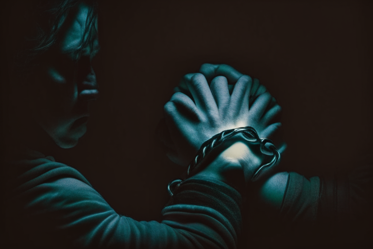 A person with mysterious expression on face forcefully putting handcuff on another person's arm in a dim light